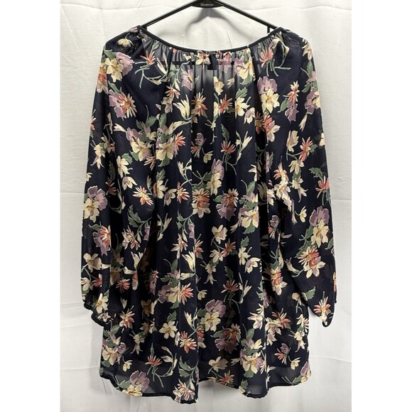 American Living Womens Sheer Long Sleeve Navy Floral Blouse Size XL - Picture 7 of 9
